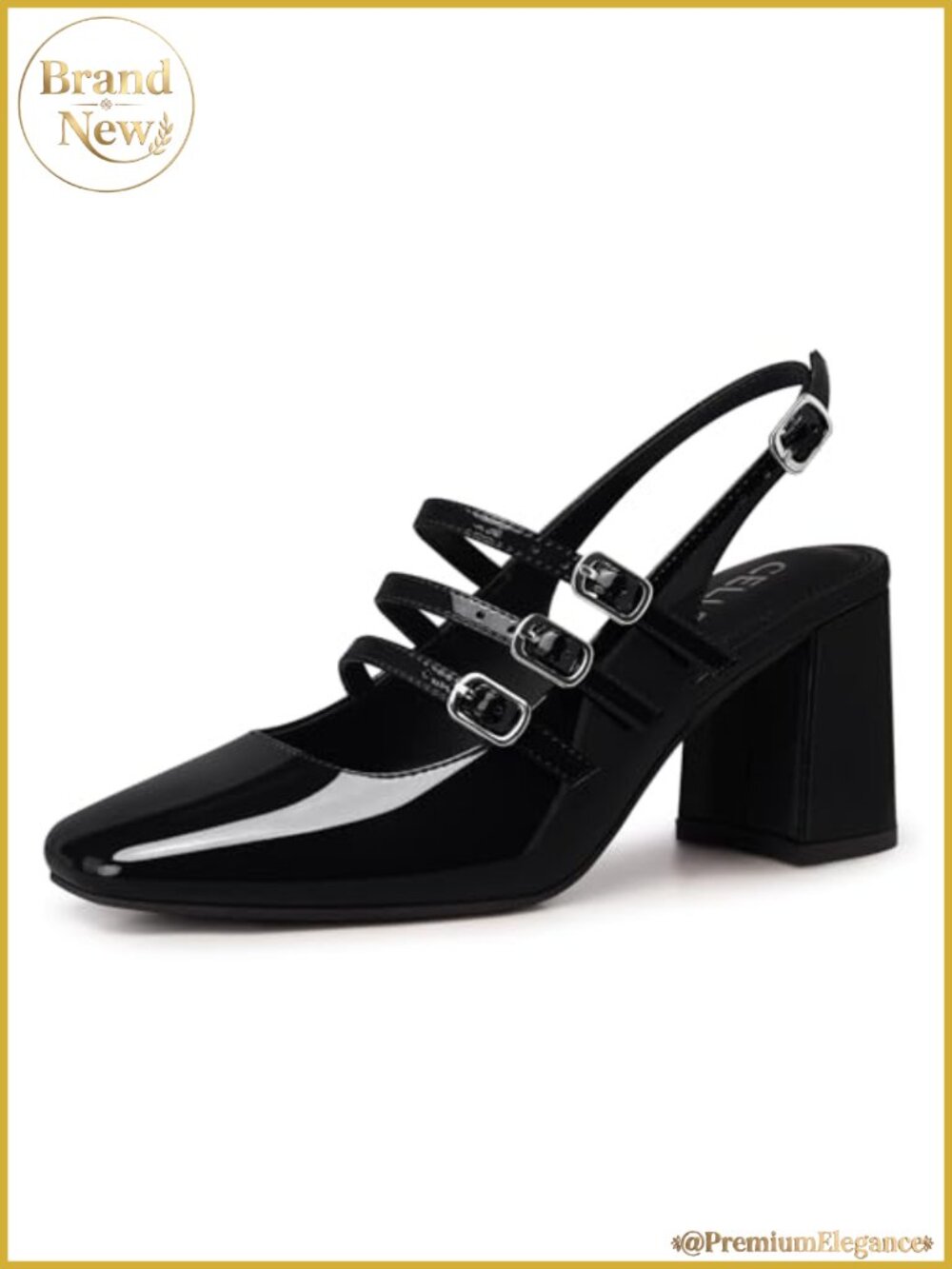 Women's Faux Leather Slingback Chunky Heel Pumps Square Toe Buckle